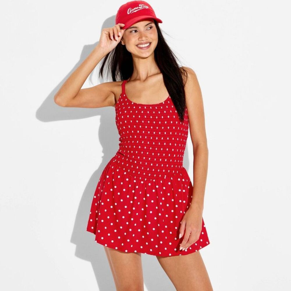Women's Polka Dot Smocked Dress - JoyLab Red Polka Dot L